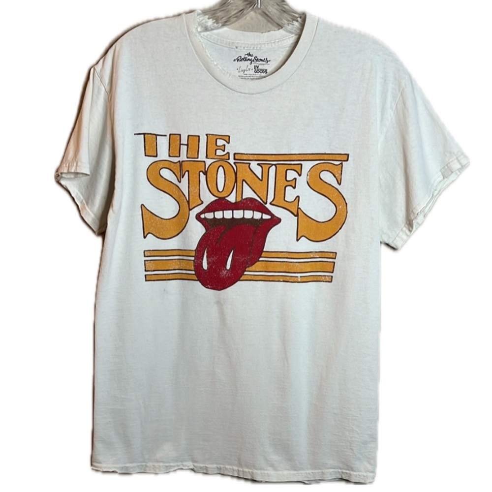The Rolling Stones Sz Small Distressed White Tee with Red and Orange Logo